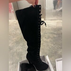 Black Lace-Up Knee-High Boots